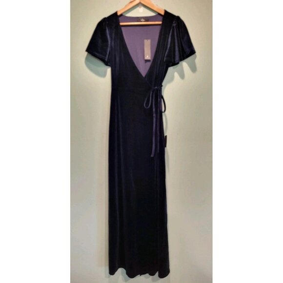 New Lulus Navy Blue Velvet Flutter Sleeve Maxi Wrap Dress Formal Bridesmaid Sz S - Picture 2 of 8